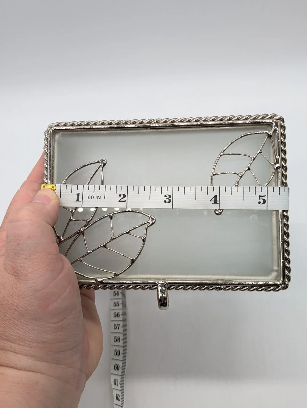 Frosted Glass Metal Leaf Design Rectangular Trinket Box